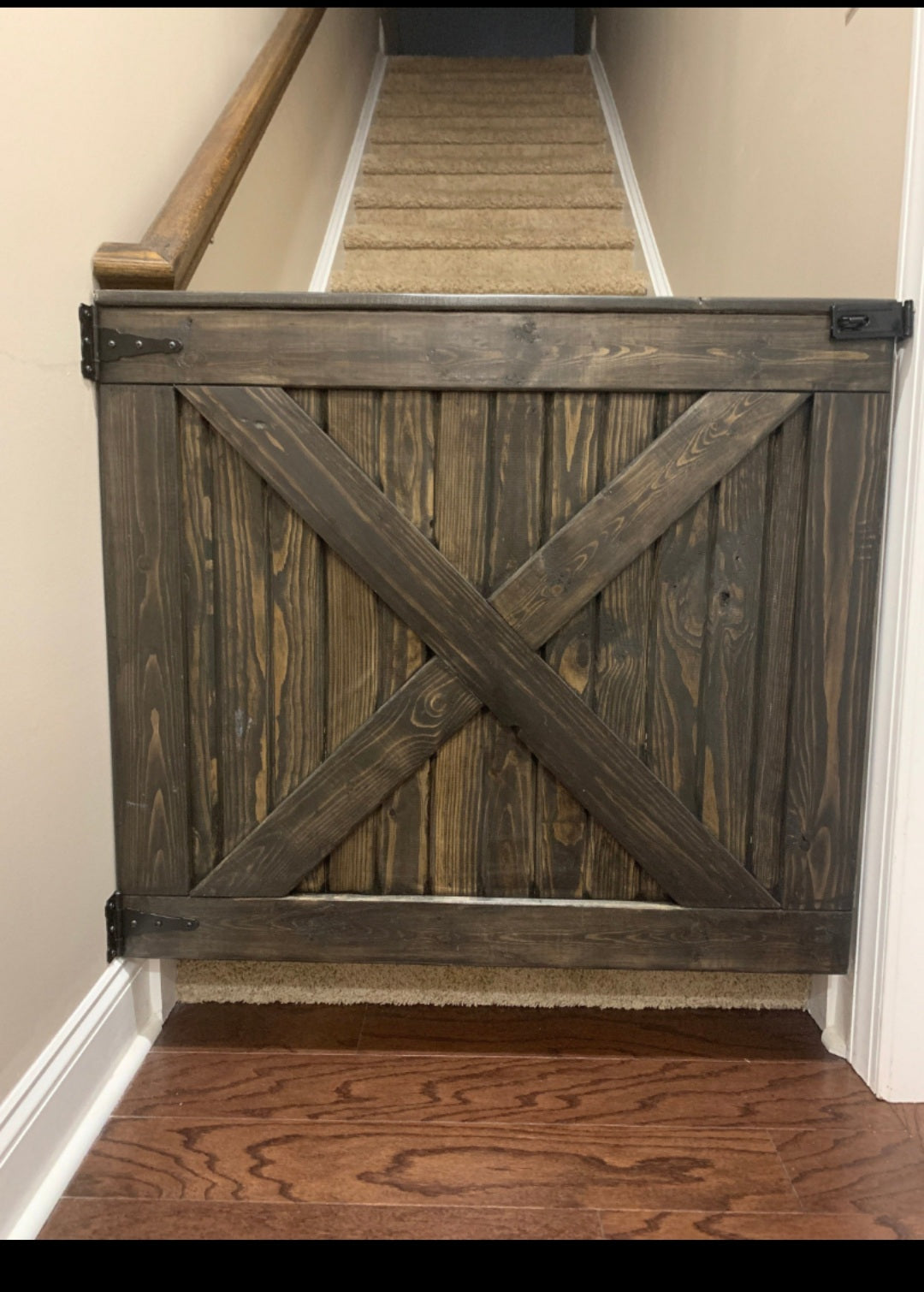 Farmhouse style barn door x frame pet gate in Dark Walnut