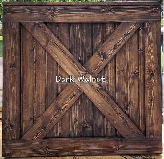 Farmhouse style barn door x frame pet gate in Dark Walnut