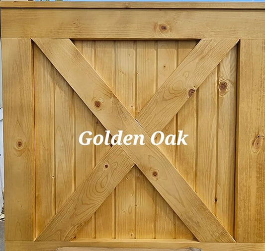 Farmhouse style barn door x frame pet gate in Golden Oak