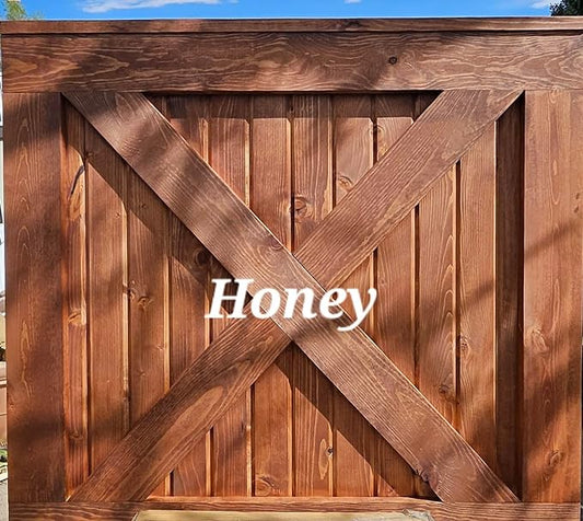 Farmhouse style barn door x frame pet gate in Honey