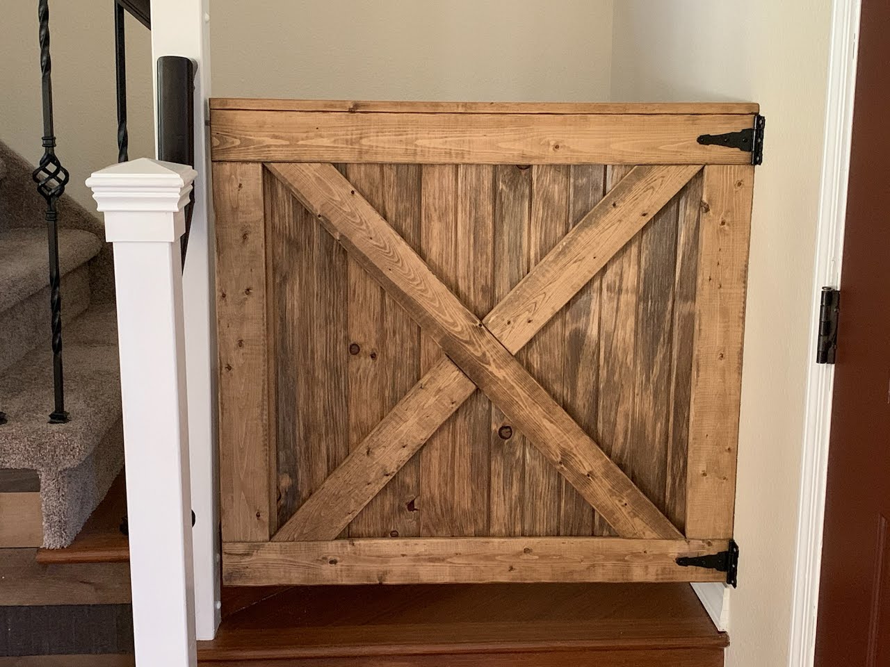 Farmhouse style barn door x frame pet gate in Dark Walnut